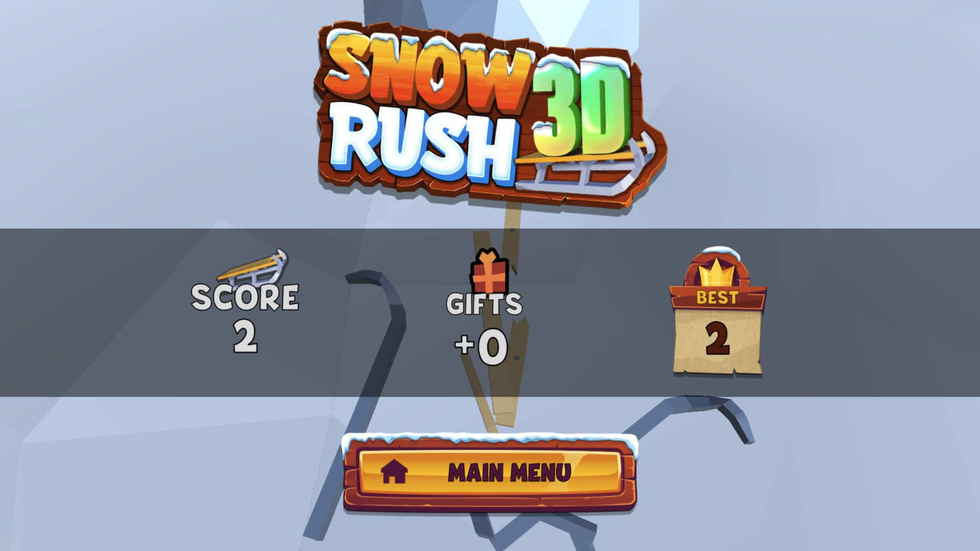 Snow Rush 3D follow-up result showing Score 2, Gifts plus zero and Best 2