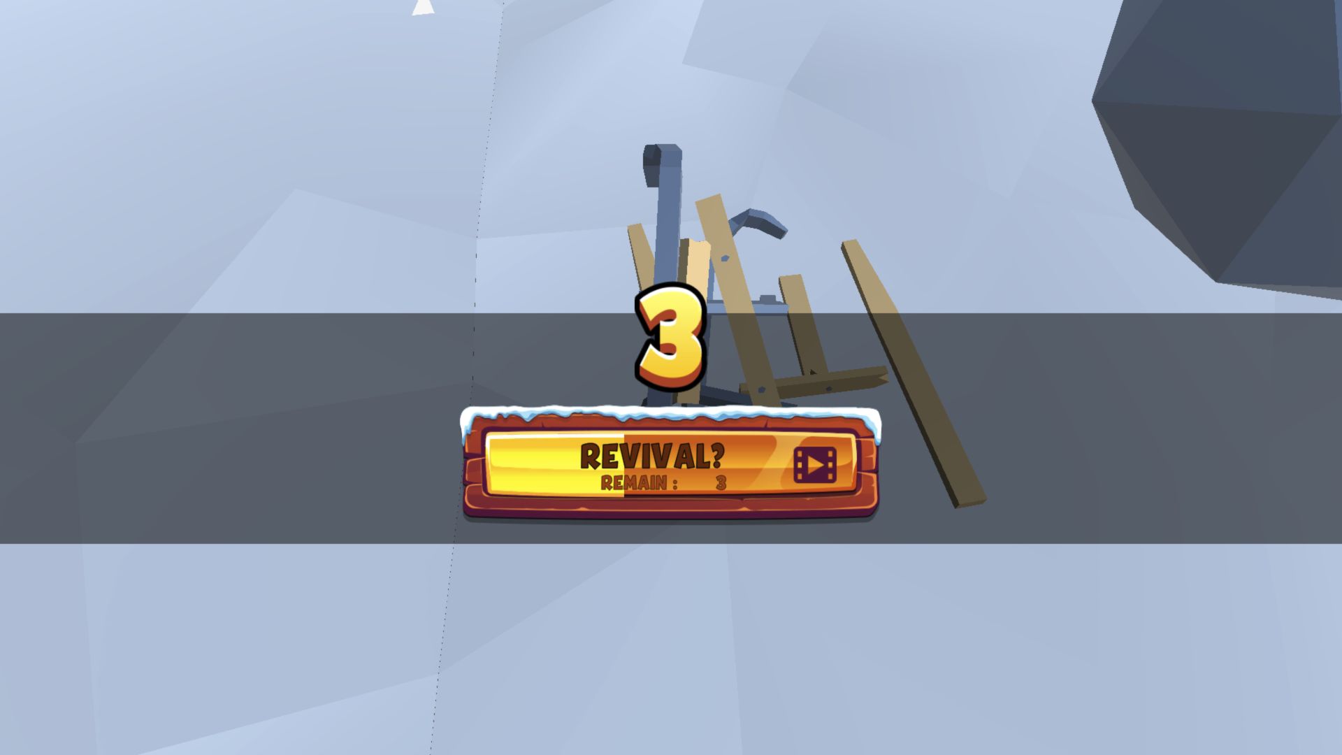 Snow Rush 3D crashed sled with a large number three above a Revival button marked by a video icon