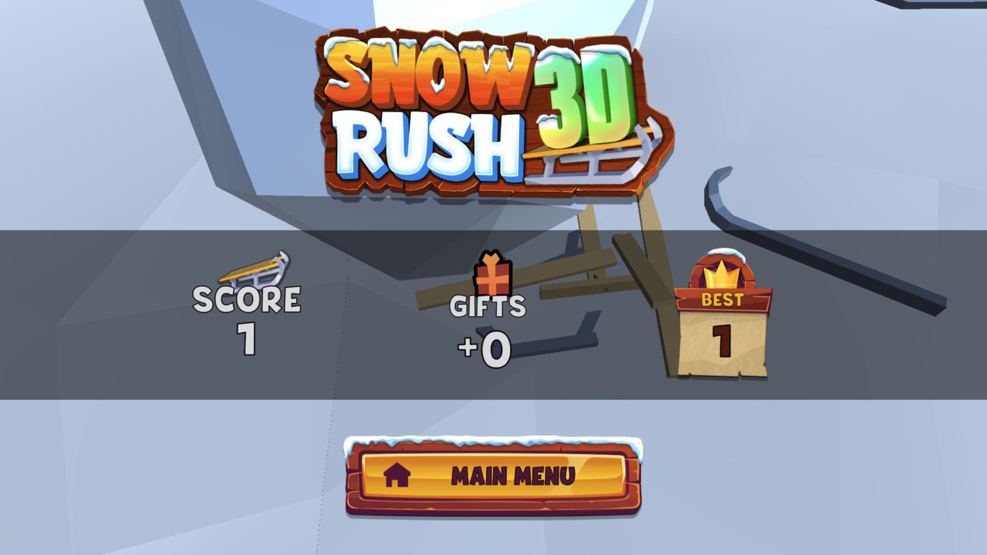 Snow Rush 3D second desktop result showing Score 1, Gifts plus zero, and Best 1 over broken sled pieces