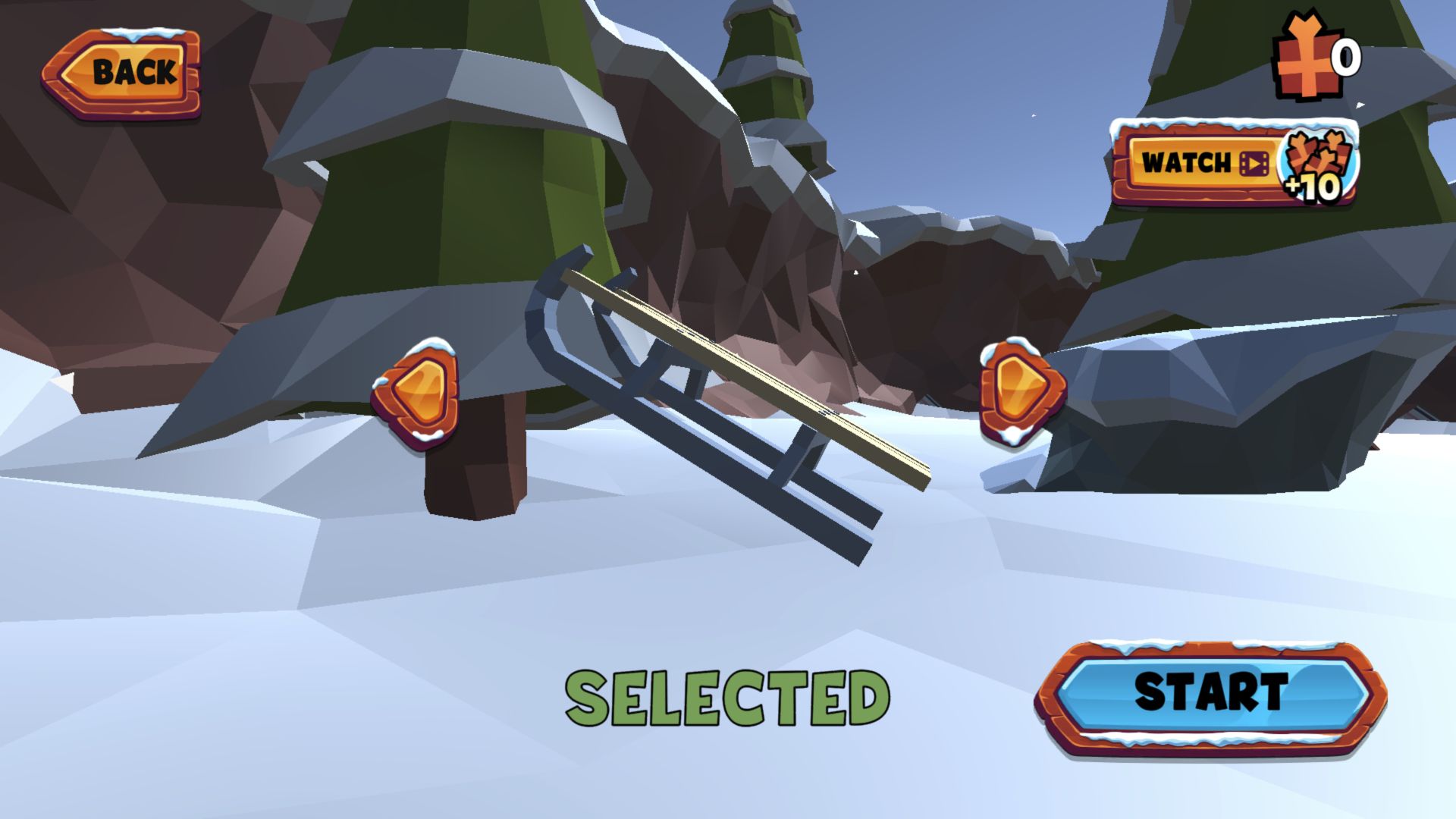 Snow Rush 3D sled selection screen with the basic wooden sled selected, zero gifts, arrow buttons, and a Watch video plus ten gifts offer
