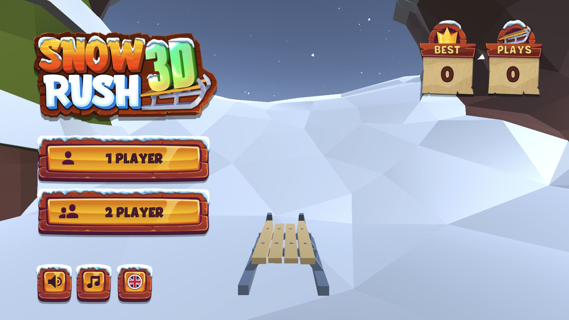 Snow Rush 3D main menu showing separate 1 Player and 2 Player buttons with Best and Plays counters