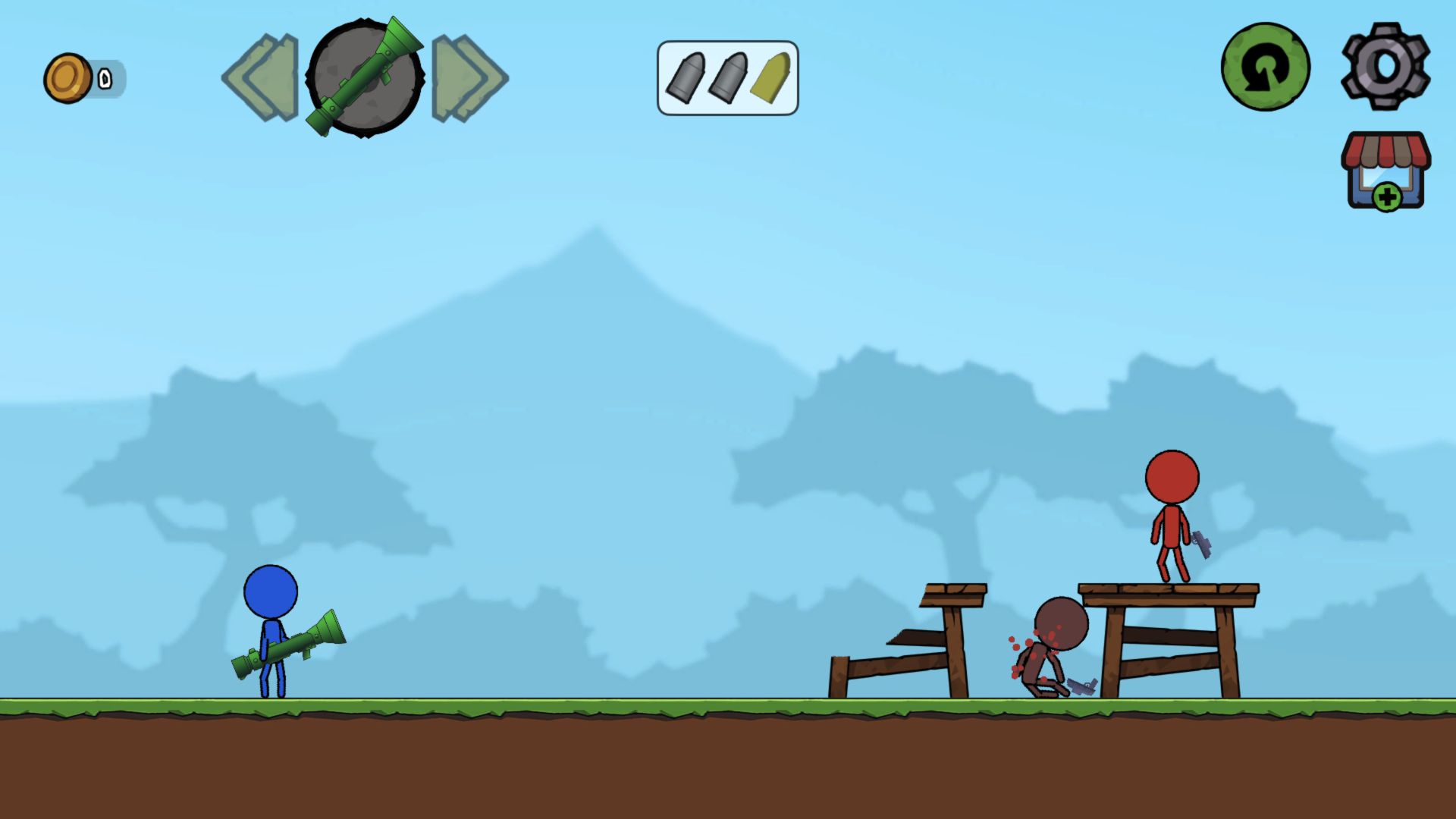 First red enemy collapsed beside a broken wooden platform after a bazooka impact