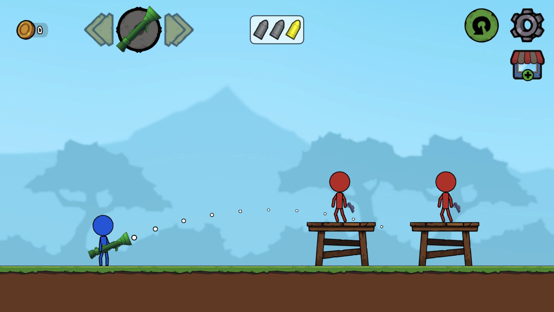 White dotted trajectory arcing from Stick Boy's raised bazooka toward the first enemy