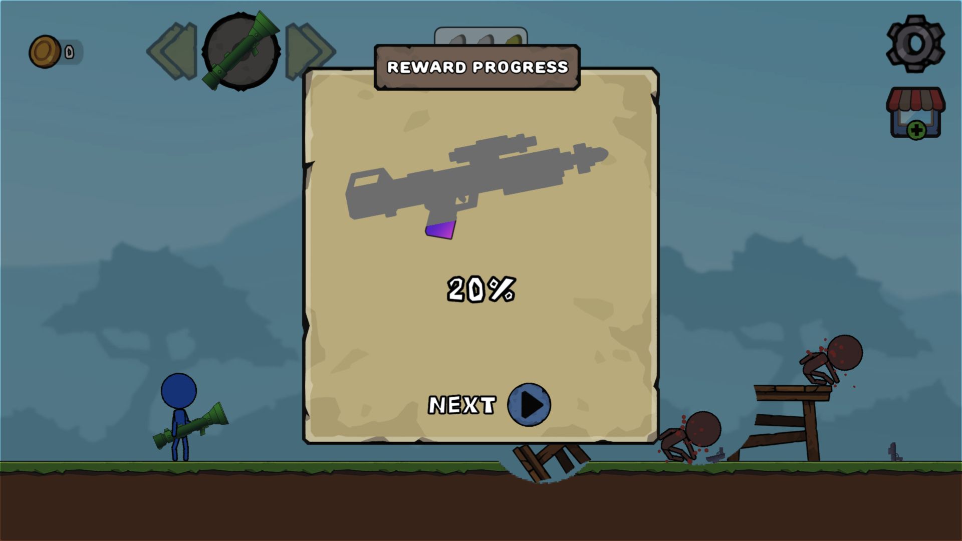 Stick Boy reward progress panel at 20 percent after both Level 1 enemies were defeated