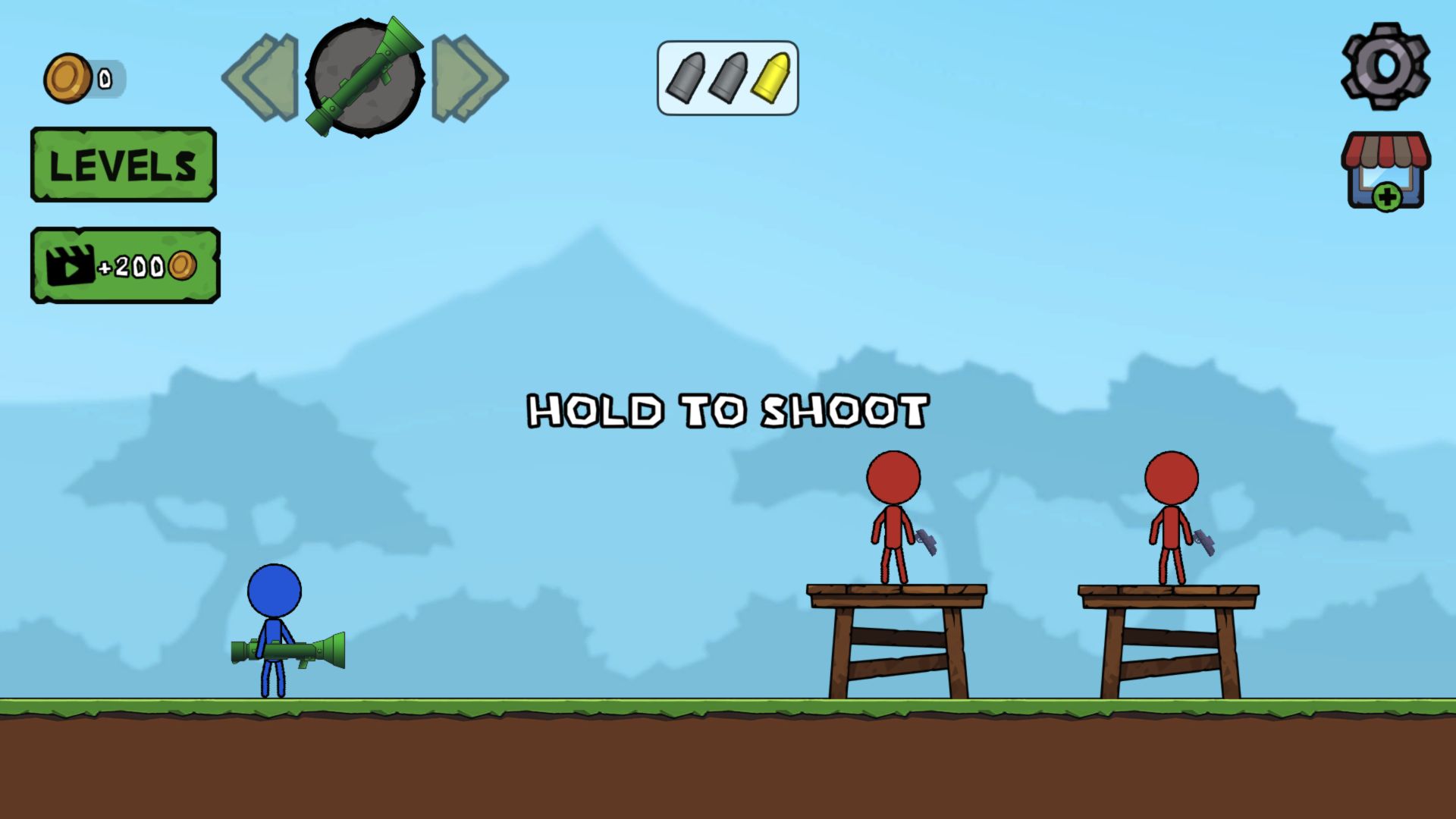 Blue Stick Boy facing two red enemies on separate wooden platforms in Level 1