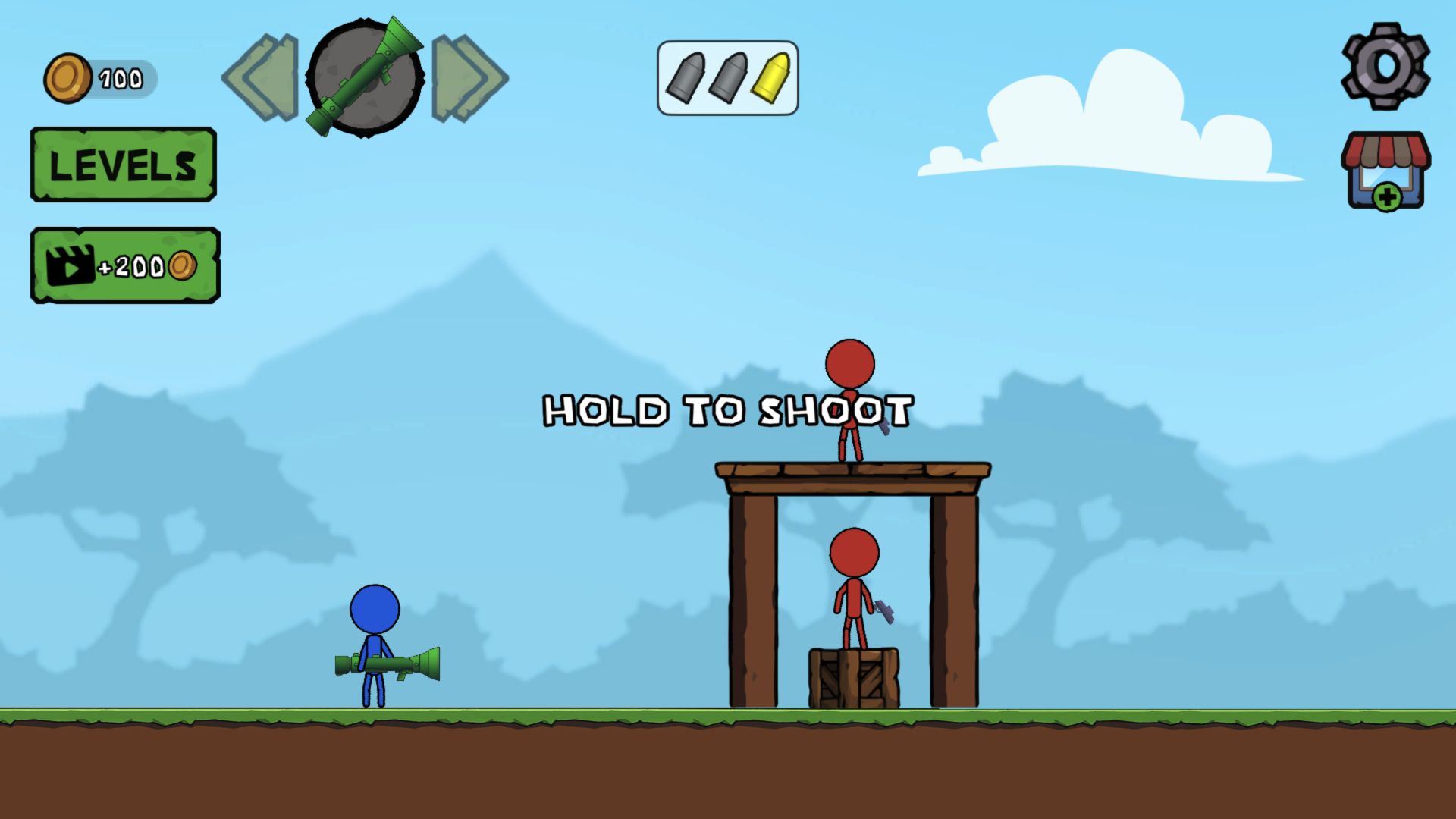 Stick Boy Level 2 with one enemy above and another inside a tall wooden frame