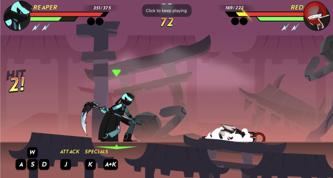 Reaper stands over a knocked-down Red as the game displays HIT 2