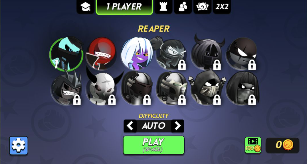 Character-select grid with Reaper highlighted, Red and Purple available, and several locked fighters