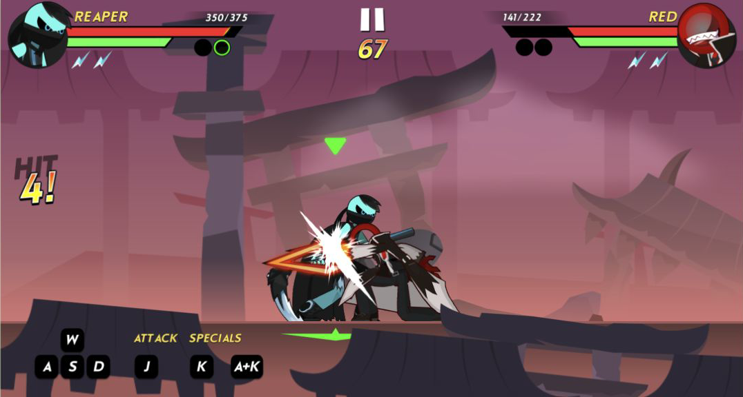 Stickman arena with Reaper and Red fighting while combat controls and the HUD remain visible
