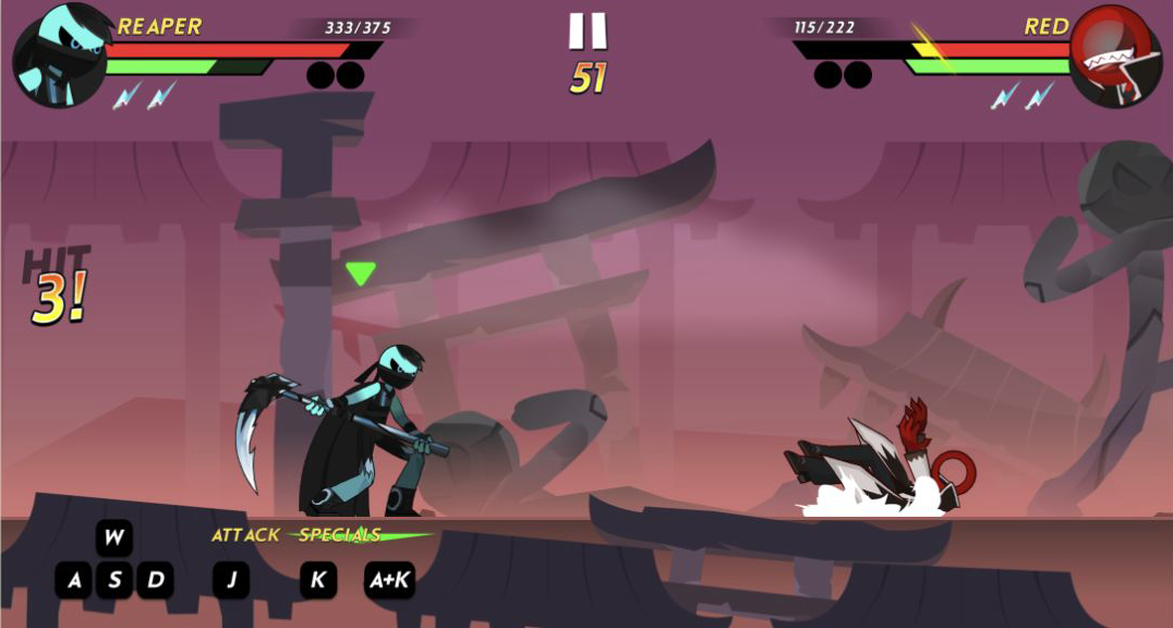 Reaper completes a three-hit attack while Red falls backward at 115 health