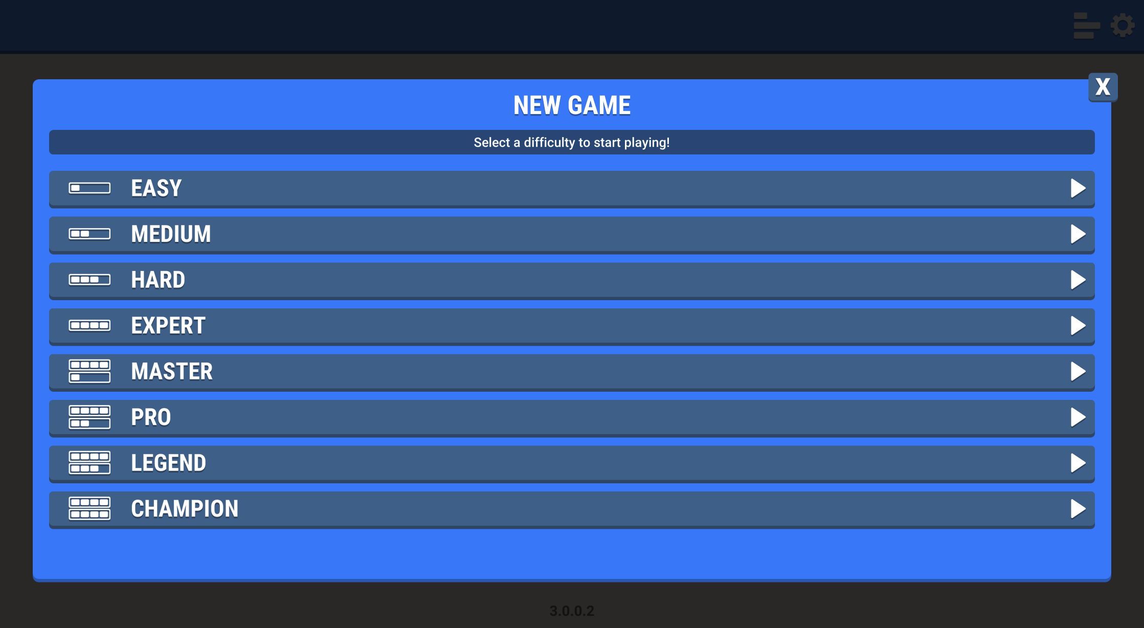 Sudoku New Game menu listing Easy, Medium, Hard, Expert, Master, Pro, Legend, and Champion