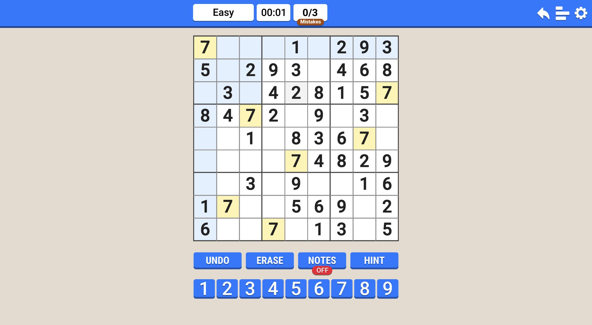 Fresh Easy Sudoku grid with black given digits, empty cells, timer, mistake counter, and number buttons