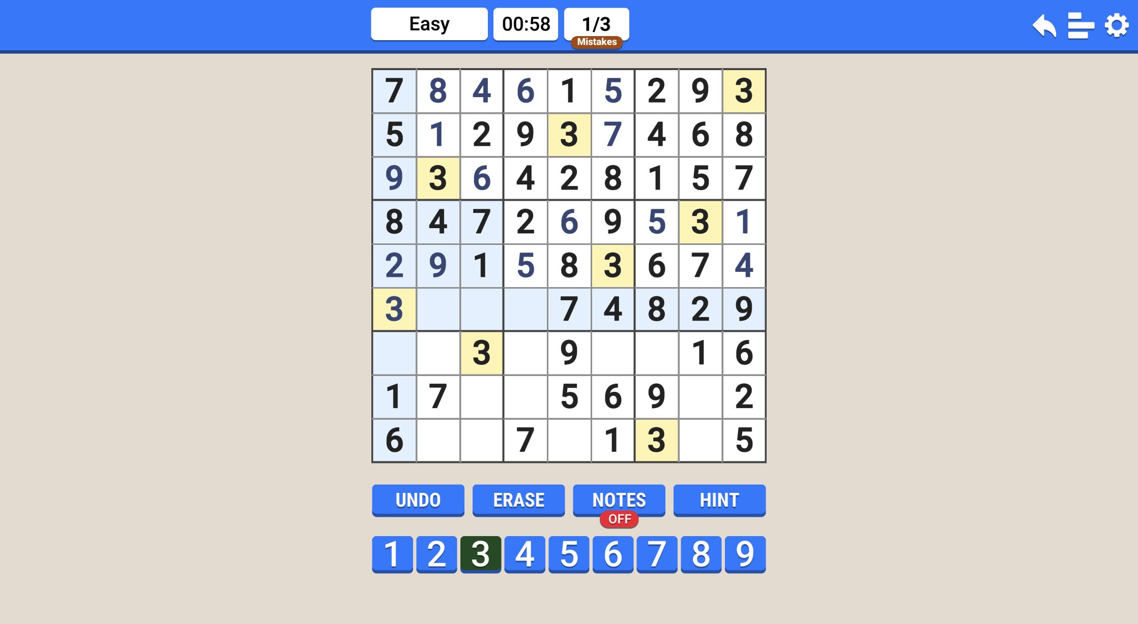 Sudoku Easy puzzle in progress with several dark-blue player-entered digits filling the grid