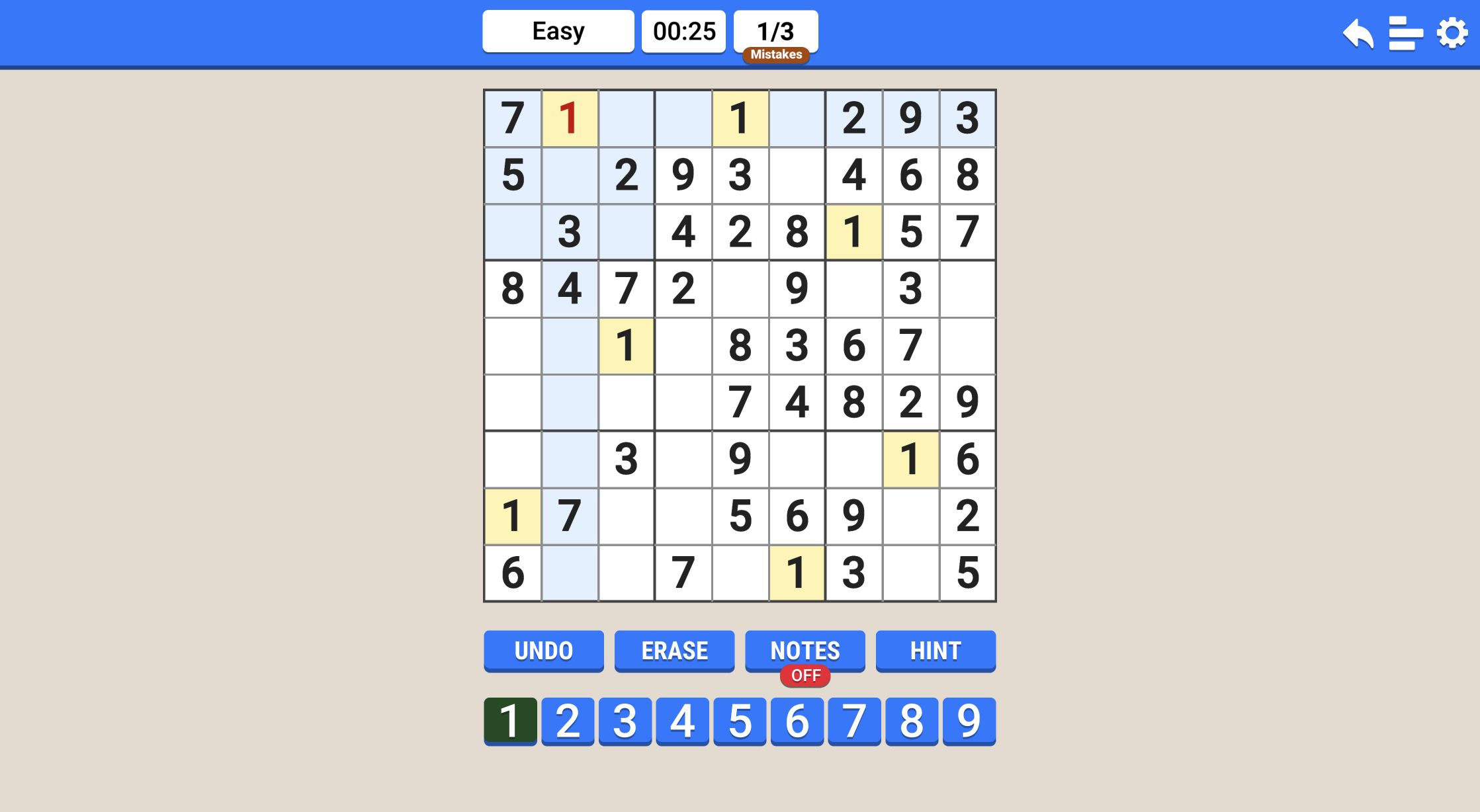 Sudoku Easy board showing a red incorrect 1 in row 1 column 2 and a 1/3 mistake counter