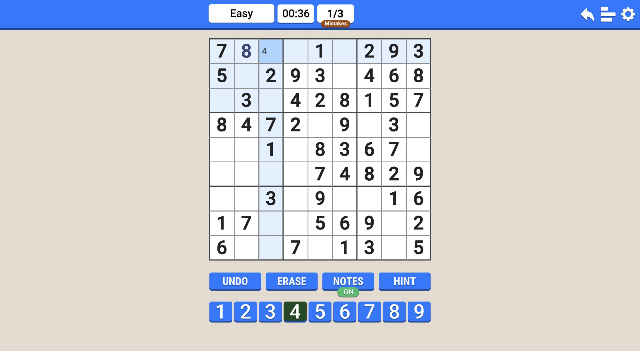 Sudoku board with Notes switched on and a small candidate 4 written in row 1 column 3