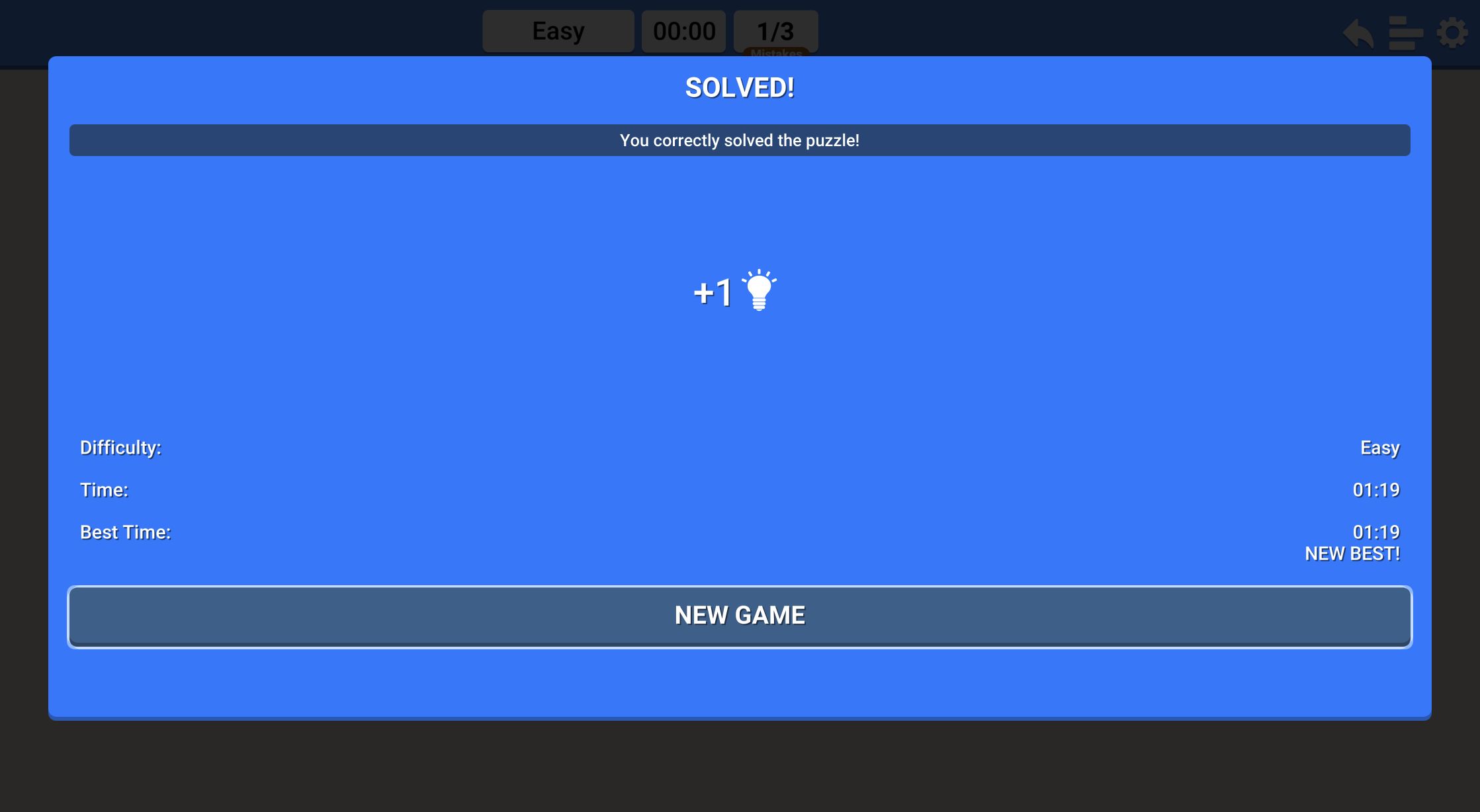 Sudoku solved result showing Easy difficulty, a new best time, and a plus-one hint reward