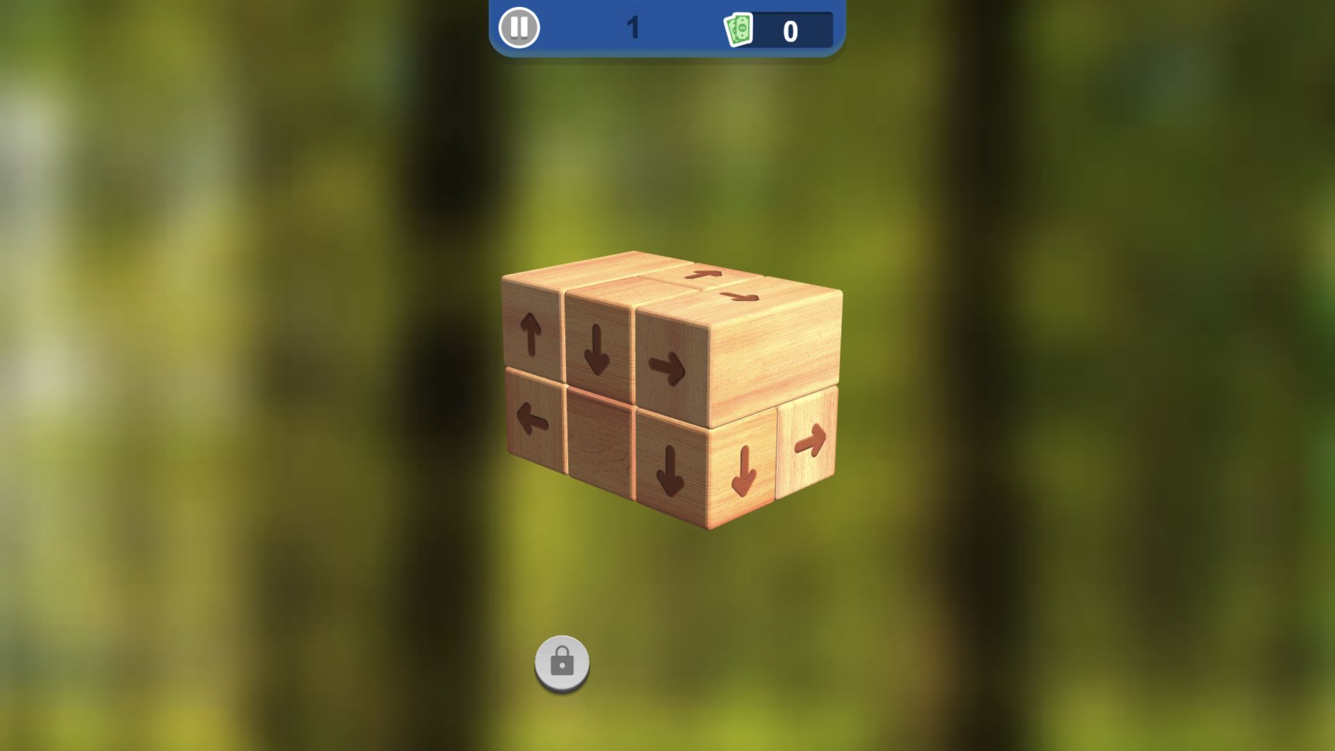 Tap 3D Wood Block Away Level 1 showing a compact wooden cube with directional arrows
