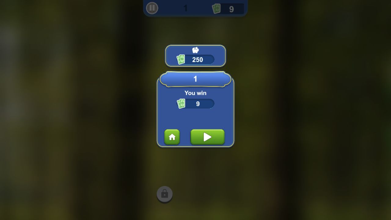 Tap 3D Wood Block Away Level 1 You win panel showing nine banknotes and Home and Next buttons