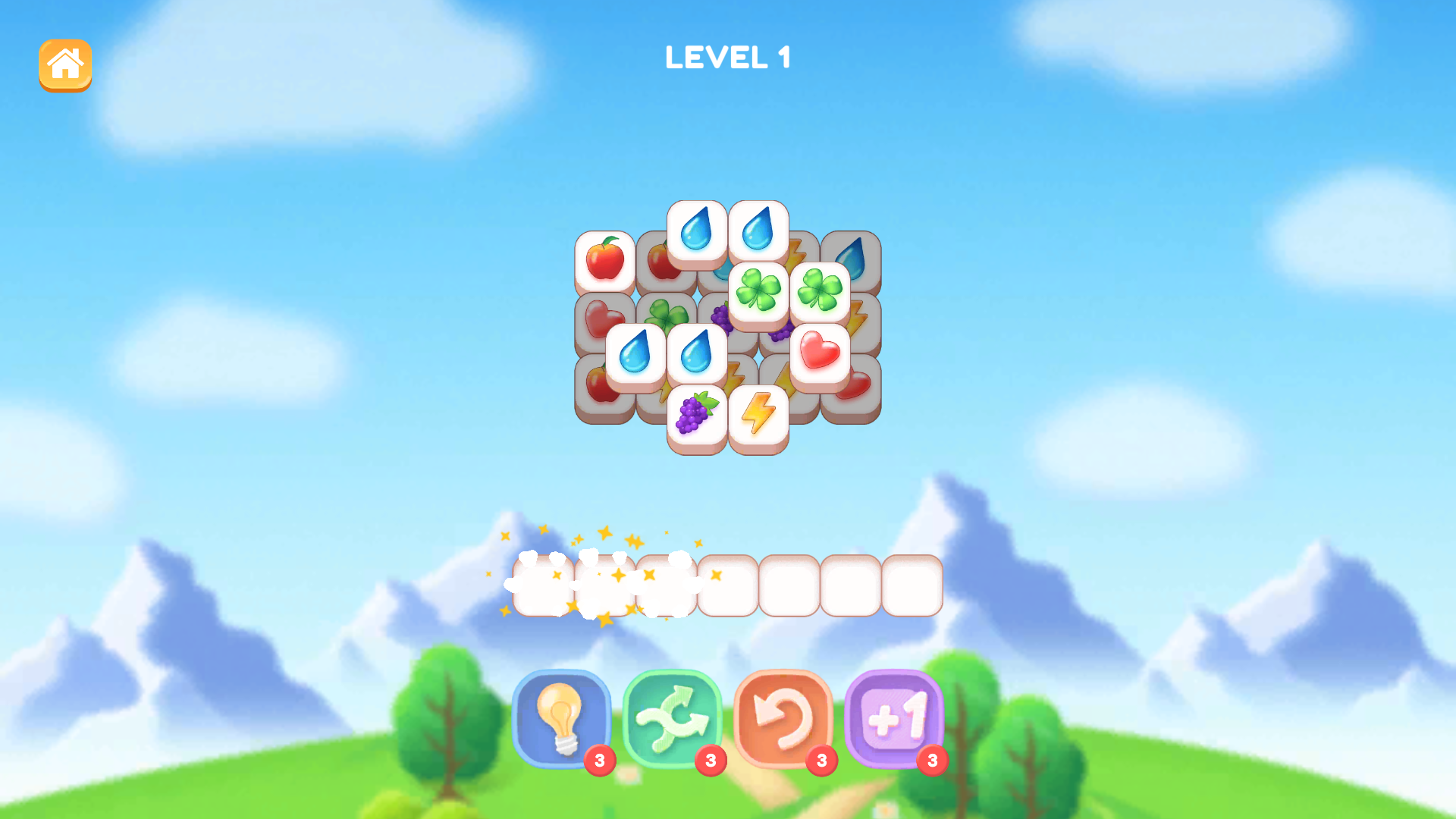 Tile Valley Level 1 immediately after a three-tile match cleared the holding tray