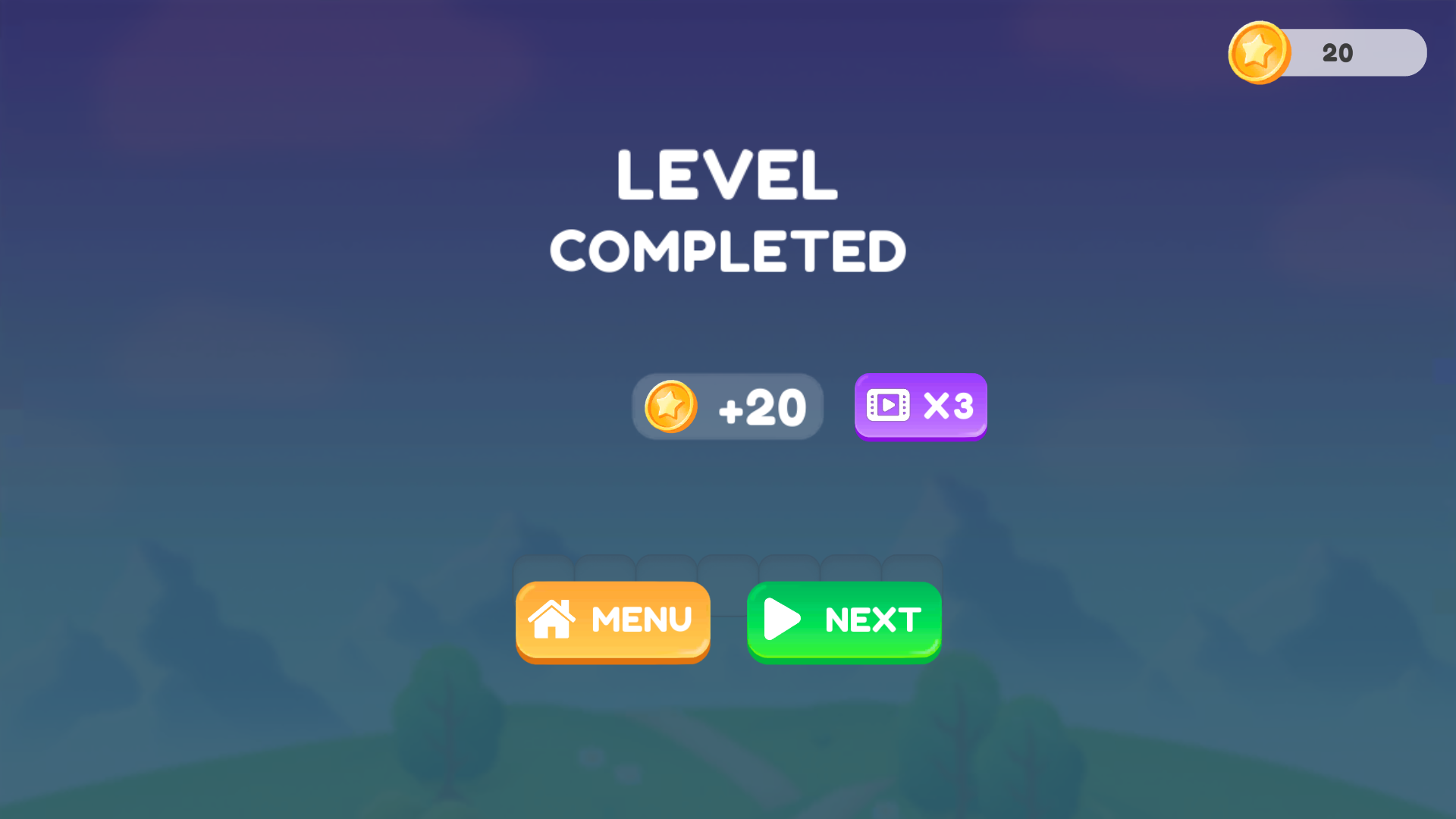 Tile Valley Level Completed screen showing a 20-coin reward, video-marked x3 option, Menu, and Next