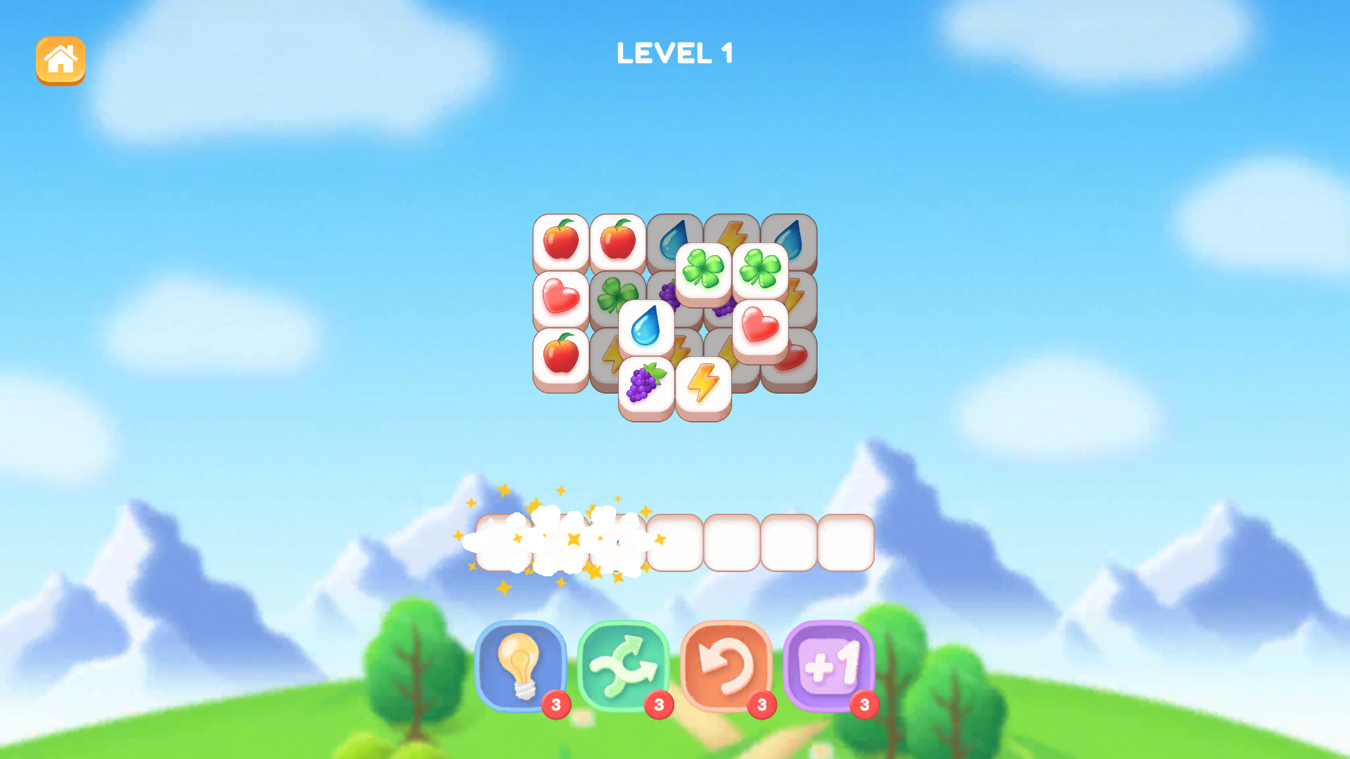 Tile Valley Level 1 match animation clearing several occupied tray cells beneath the layered board