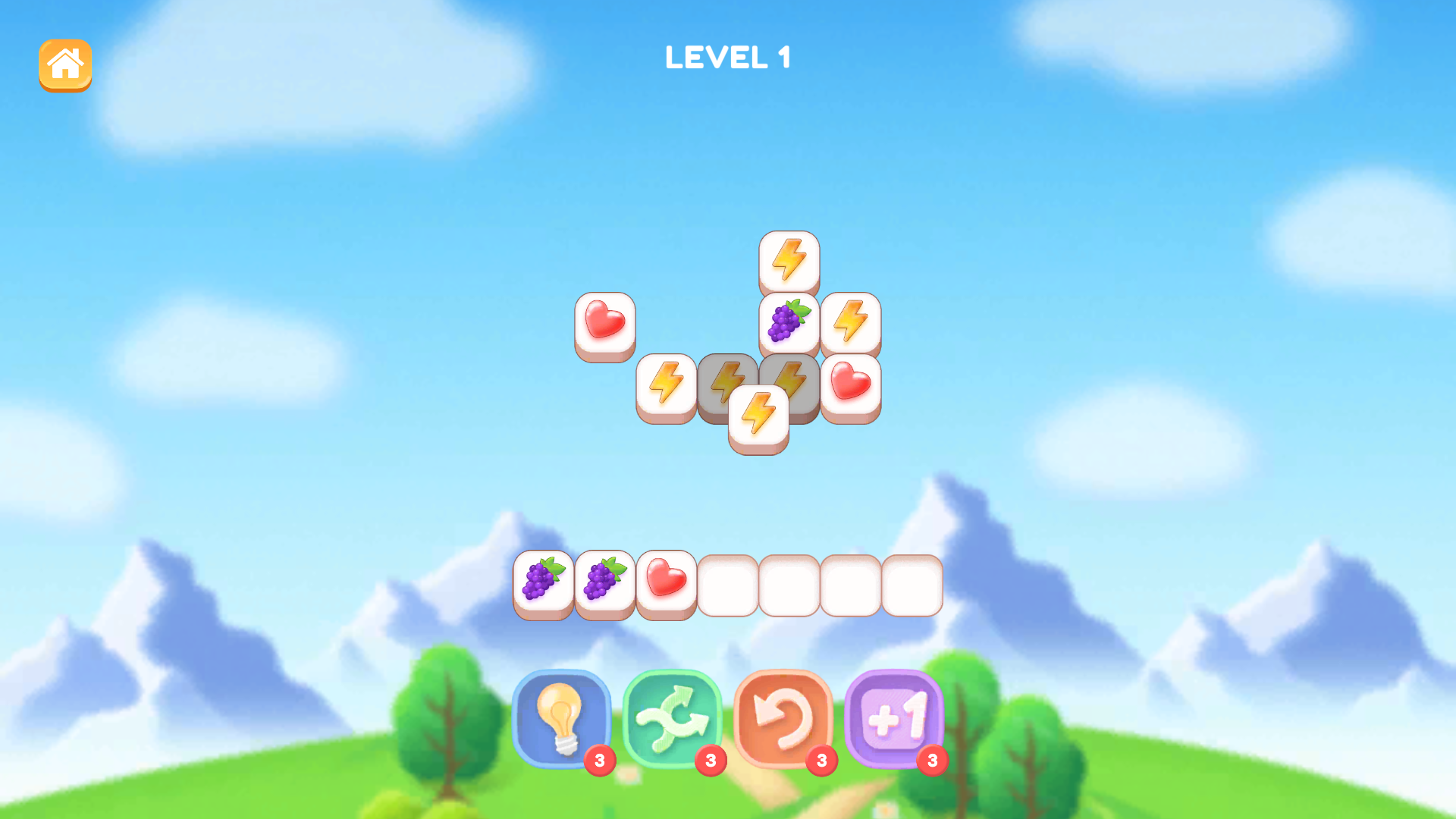 Two grape tiles and one heart tile occupying three tray slots beneath a layered Tile Valley board