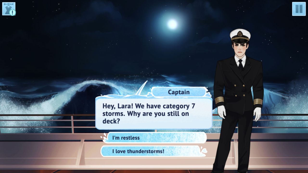 Captain presenting Lara with two dialogue choices during a category 7 storm