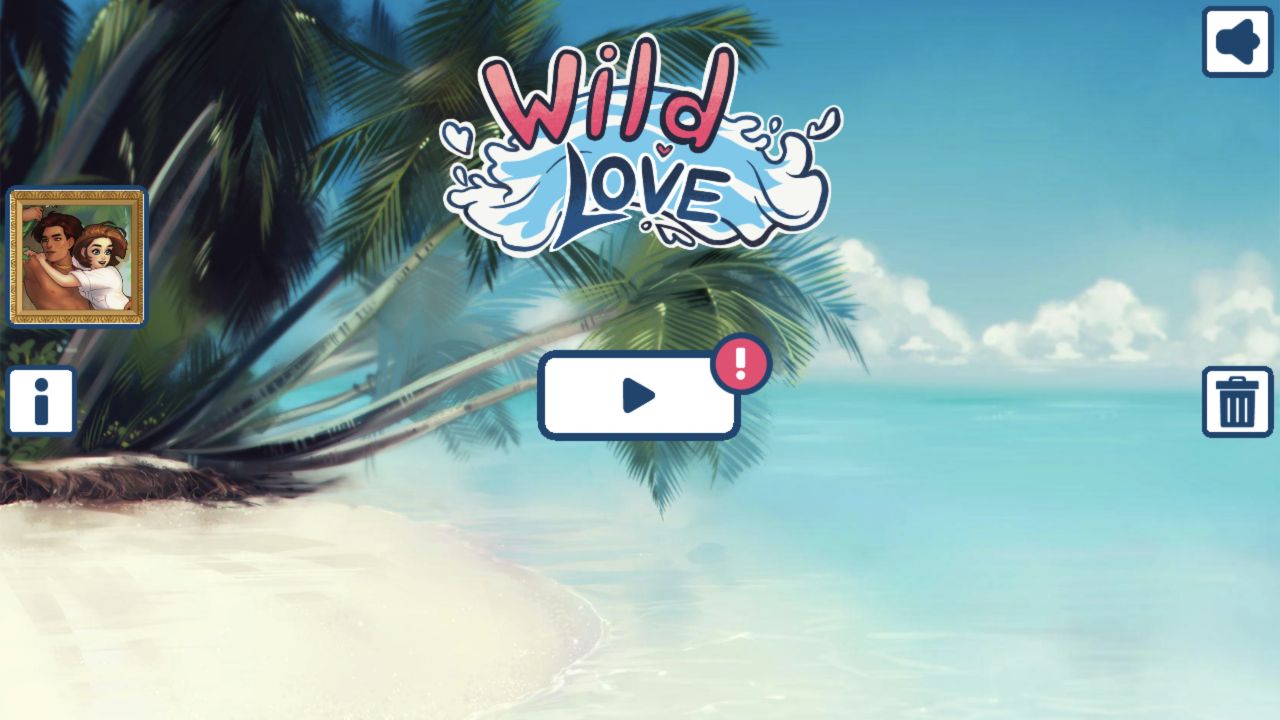 Wild Love title screen with a tropical beach and central play button