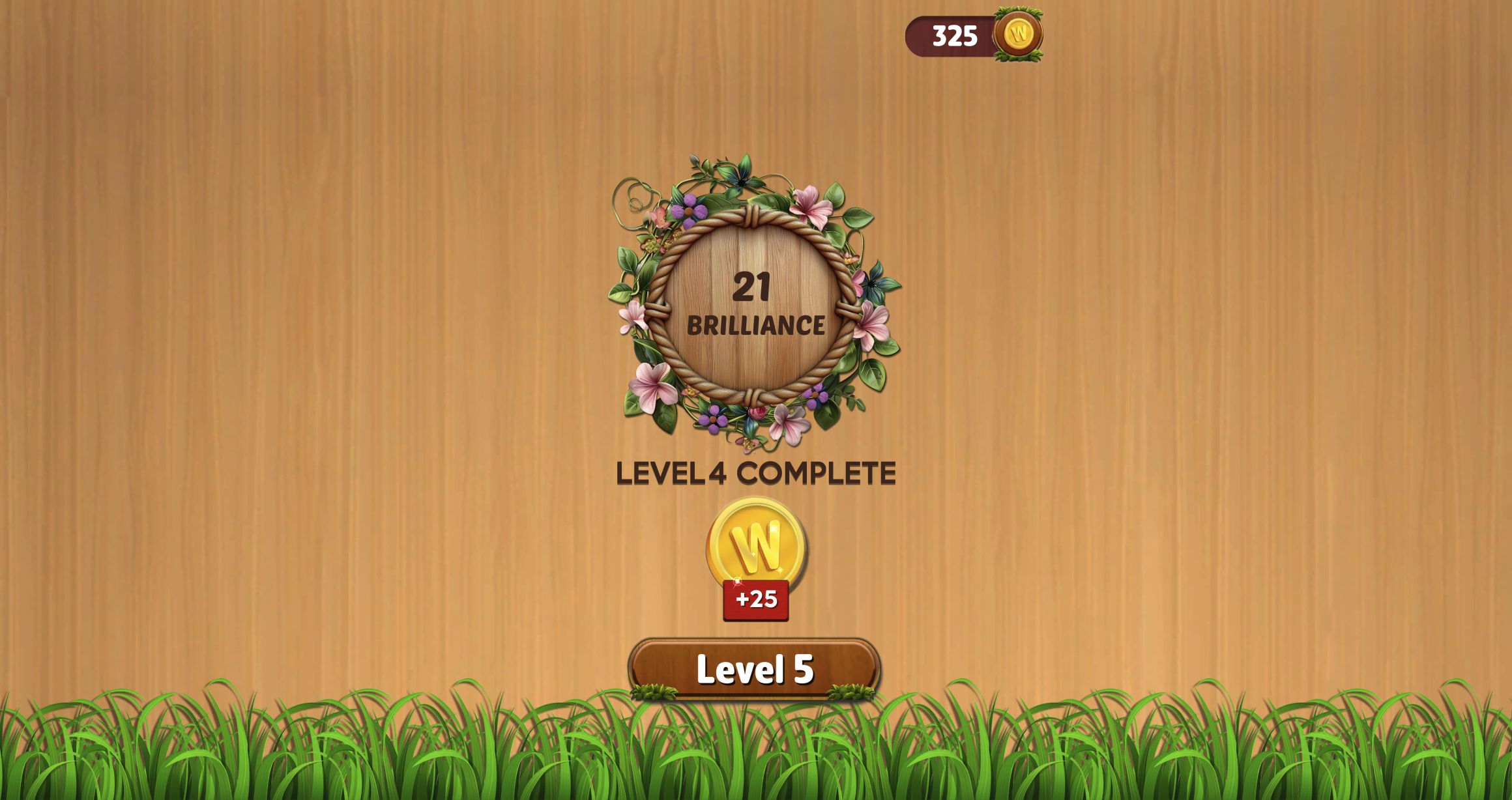 Word Cross Level 4 Complete screen showing 21 Brilliance, a +25 coin reward and a 325 coin total