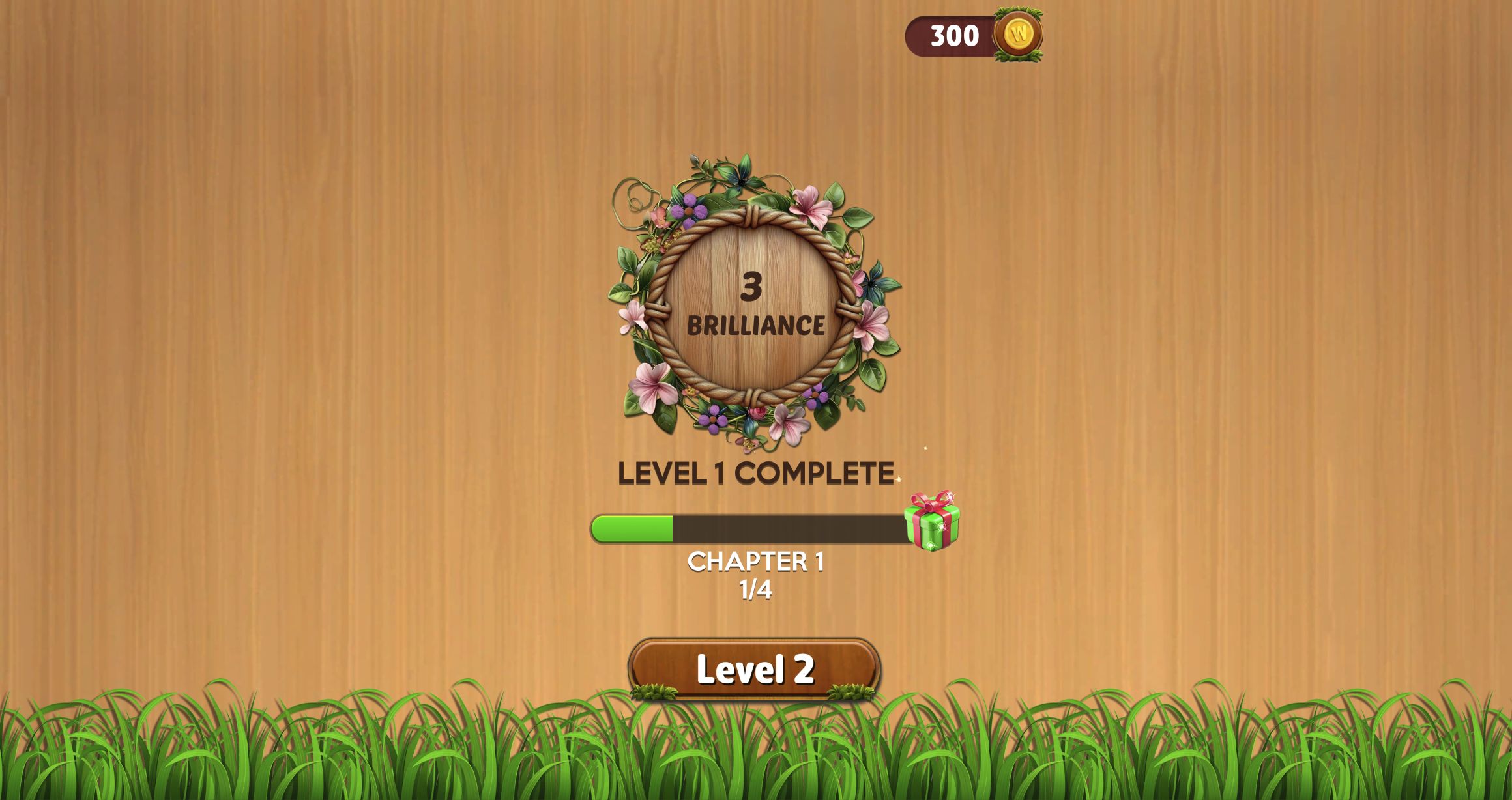 Word Cross Level 1 Complete screen showing 3 Brilliance and Chapter 1 progress at one of four