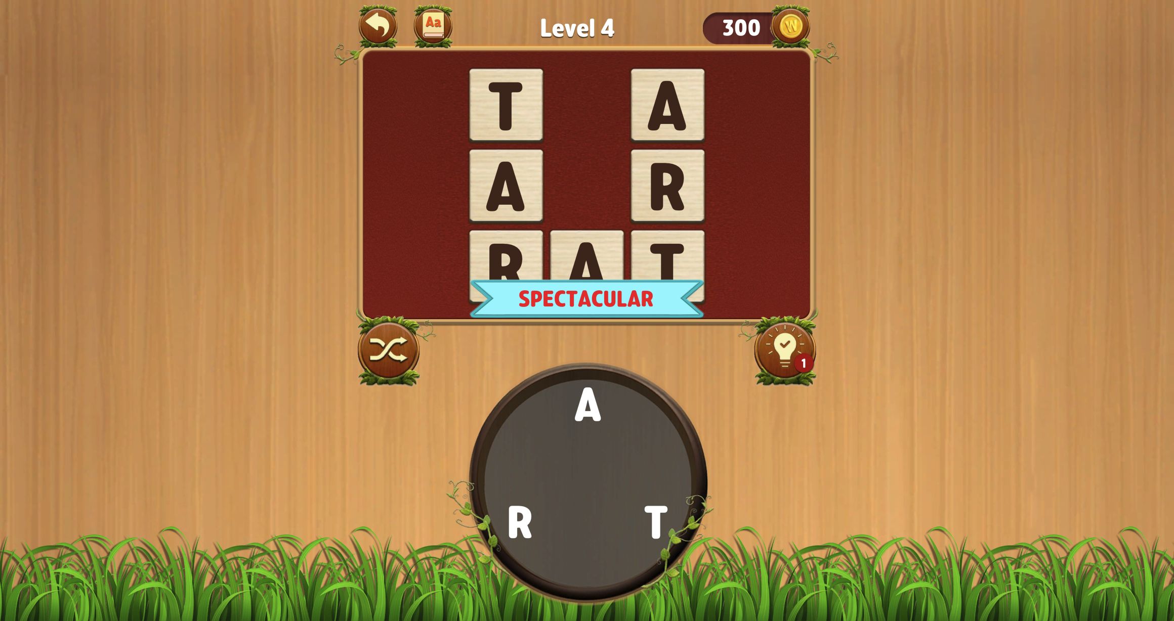 Word Cross Level 4 board filled with ART, RAT and TAR under a Spectacular banner