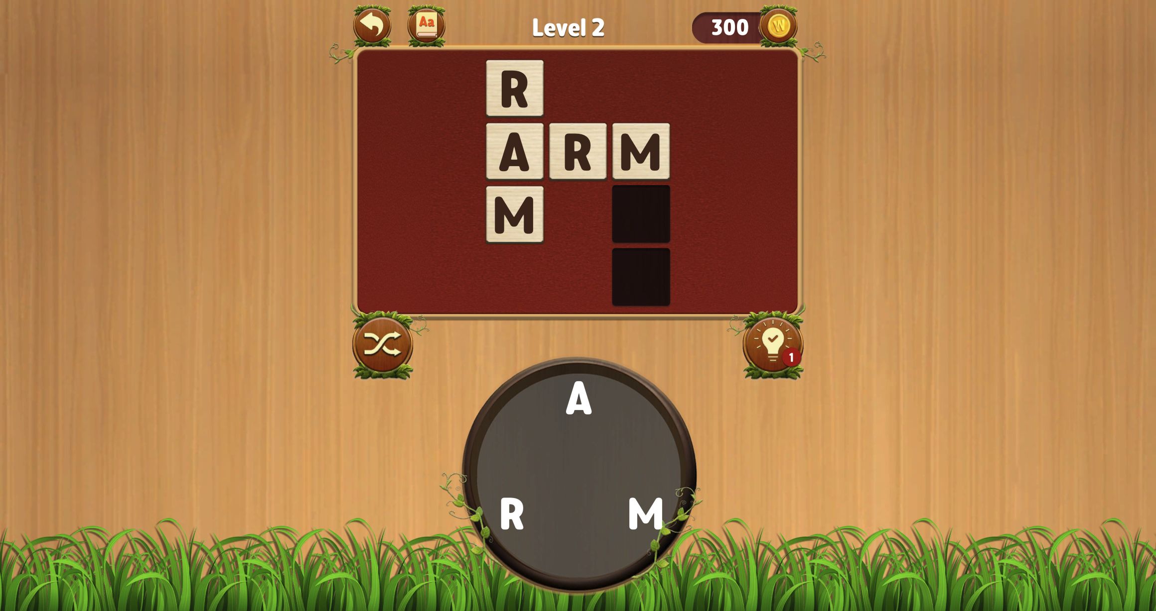 Level 2 crossword showing ARM horizontally and RAM vertically with the right branch still blank