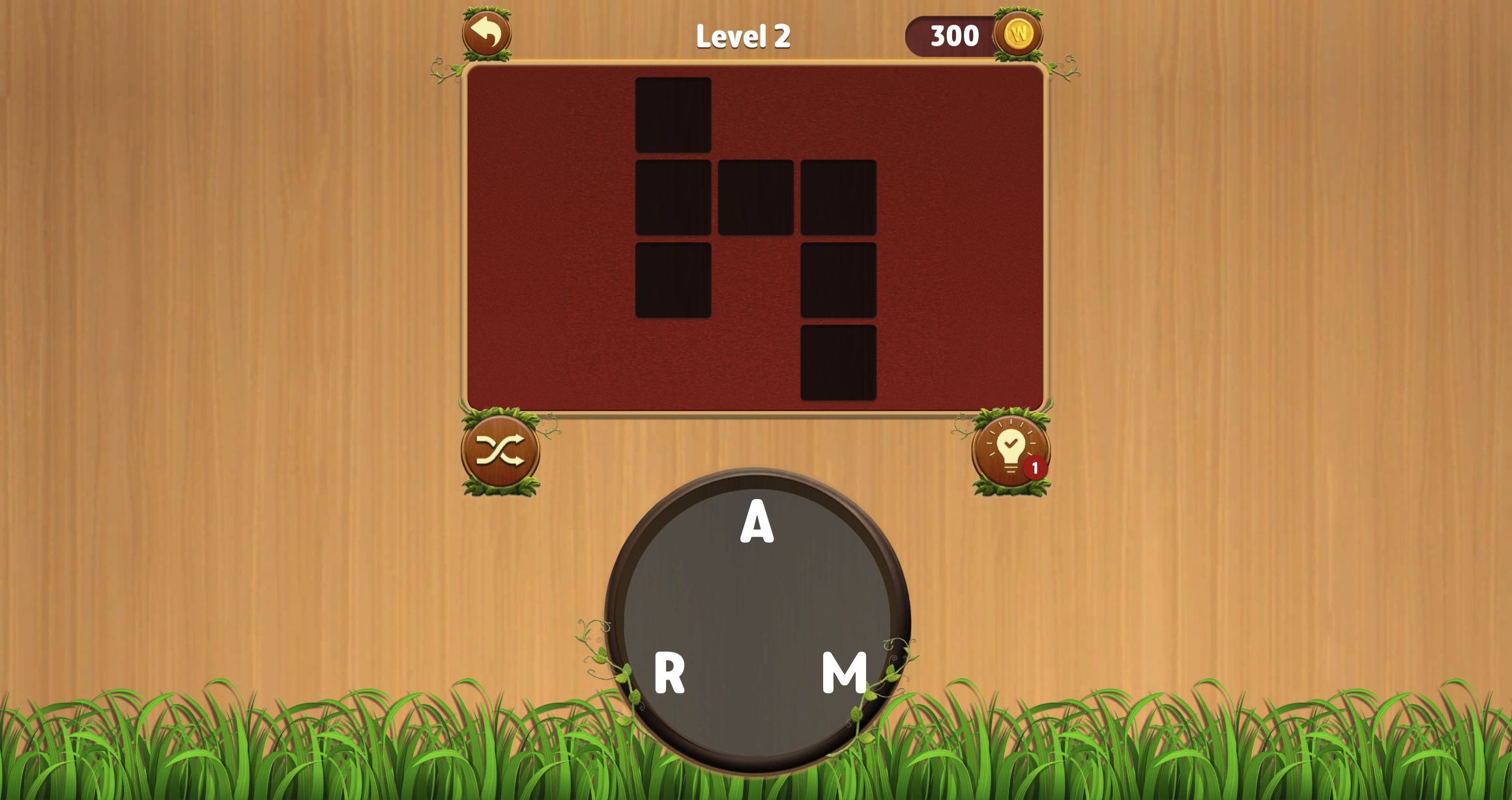Unfilled Word Cross Level 2 board after an invalid A to R two-letter swipe with 300 coins shown