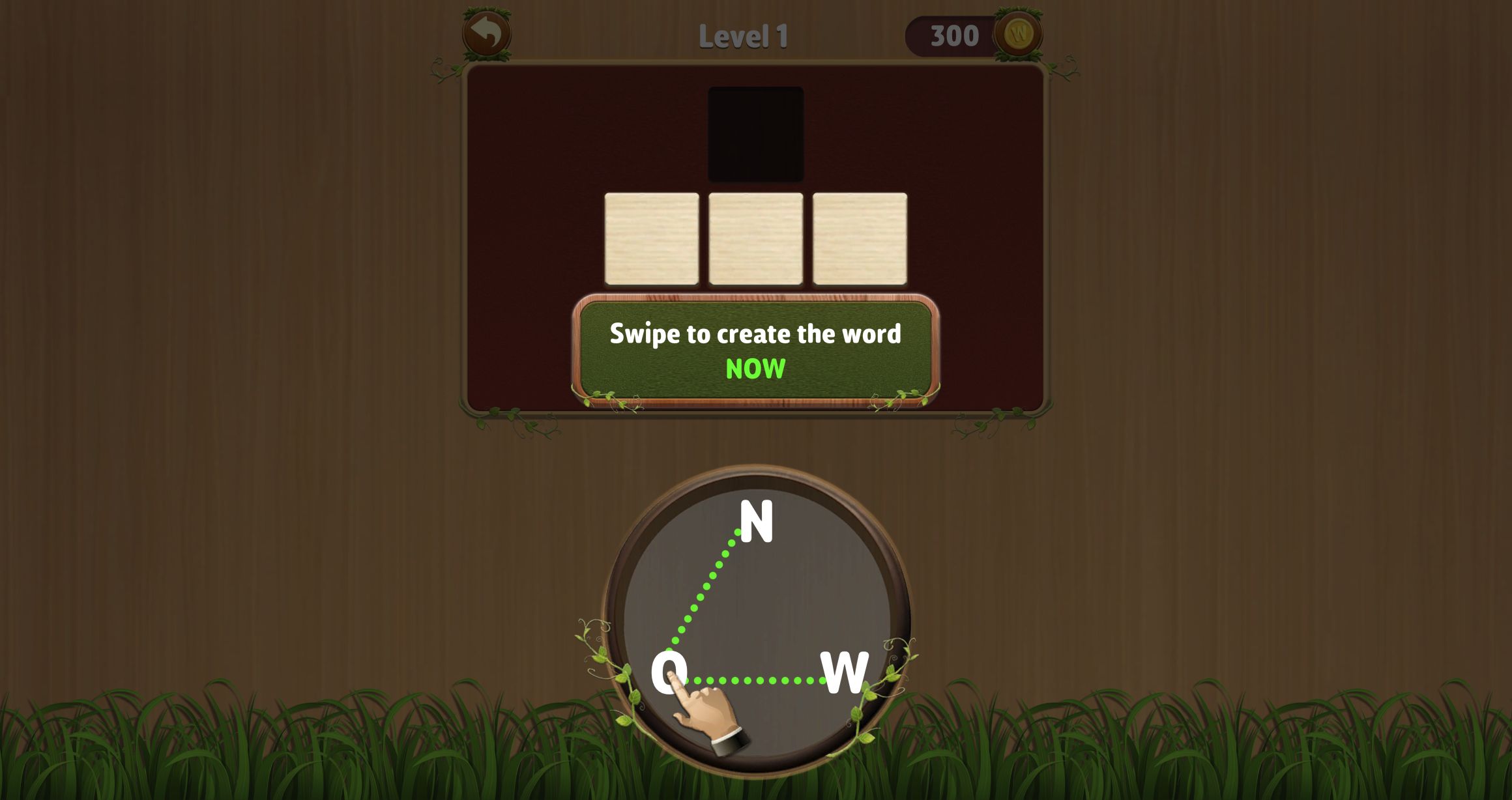 Word Cross tutorial overlay saying Swipe to create the word NOW above N O W letter wheel