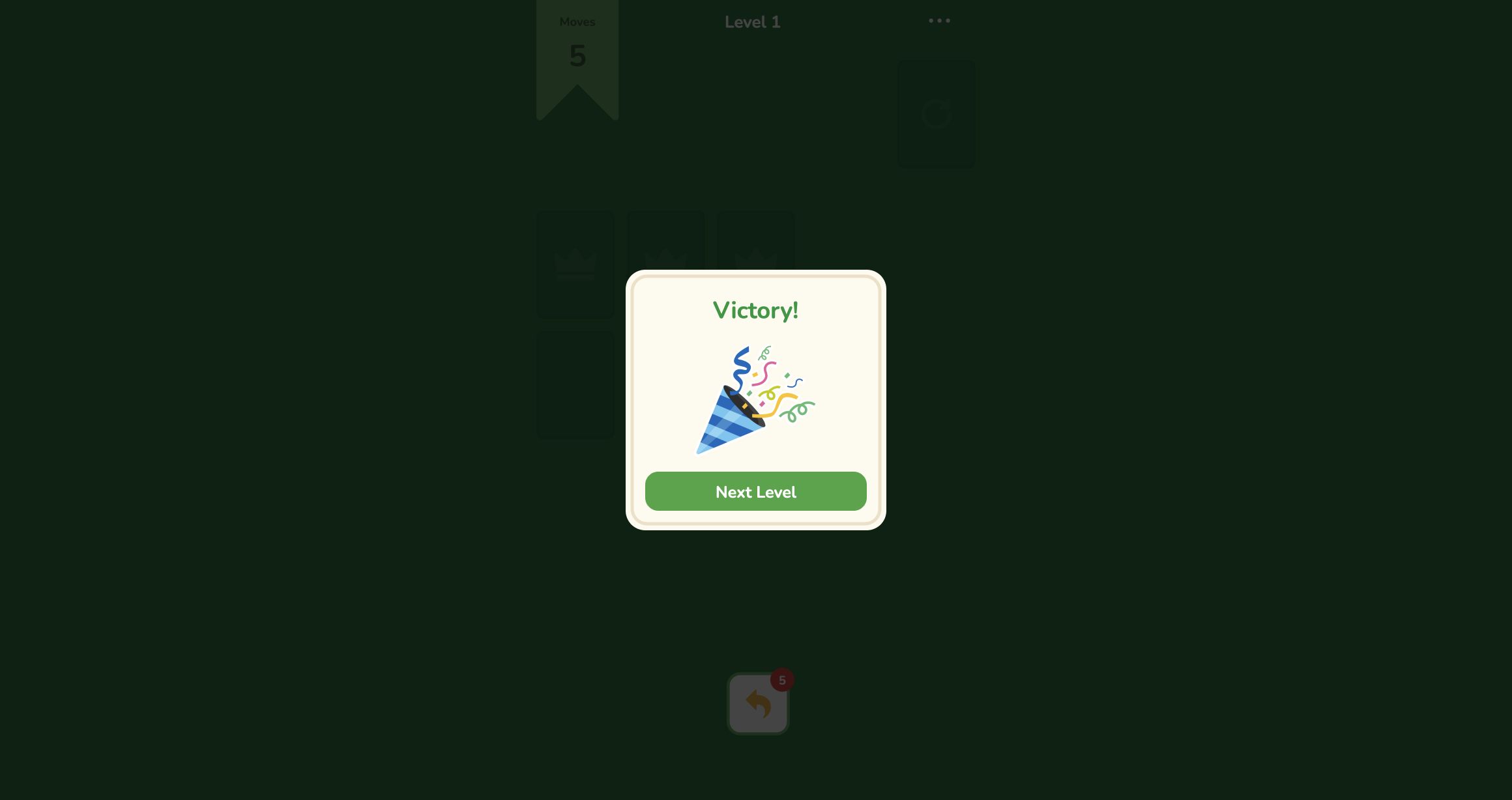 Word Solitaire Level 1 Victory panel over the green card table with five moves remaining