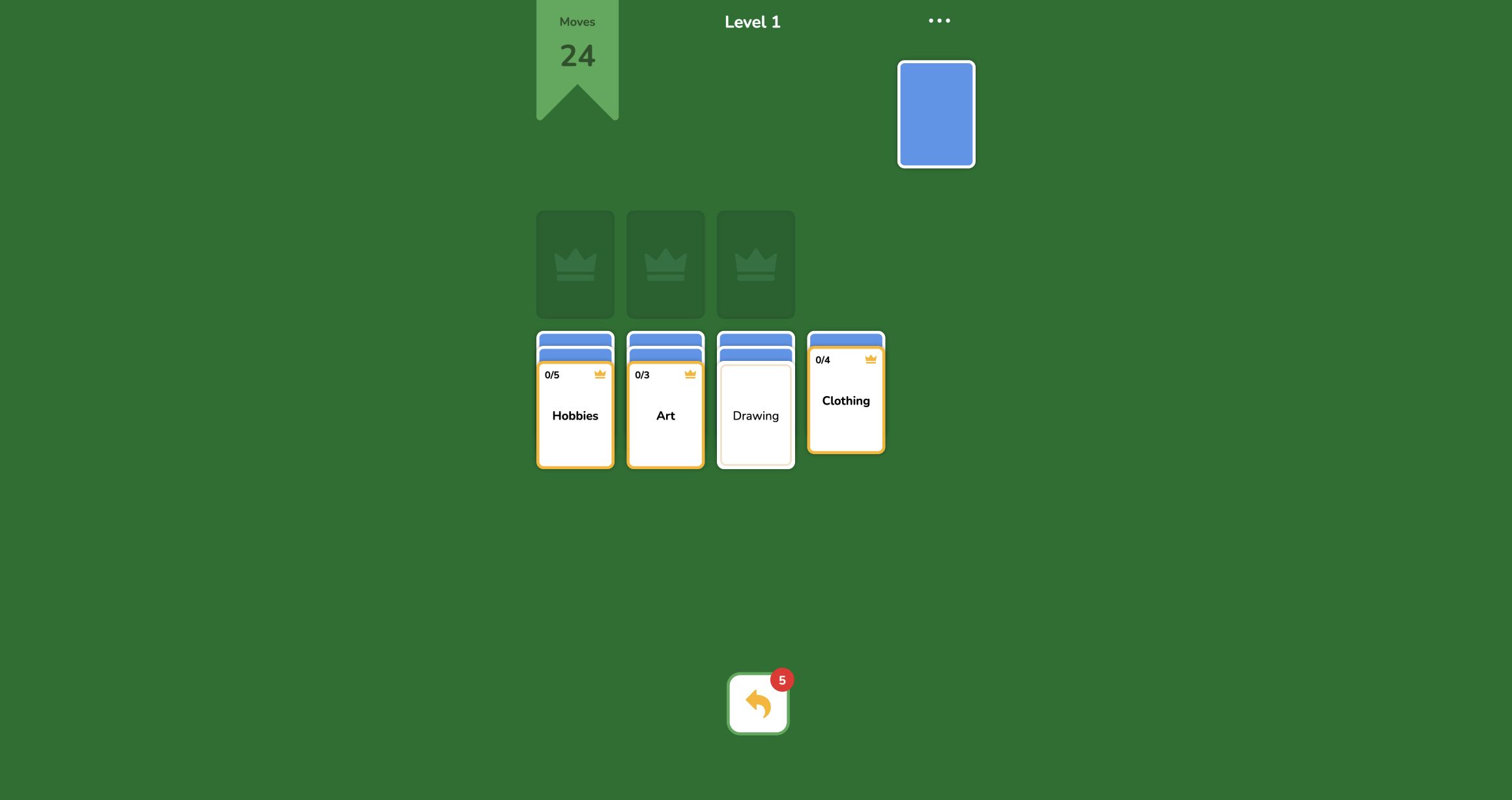 Word Solitaire Level 1 opening with Hobbies, Art, Drawing and Clothing cards below three empty crown slots