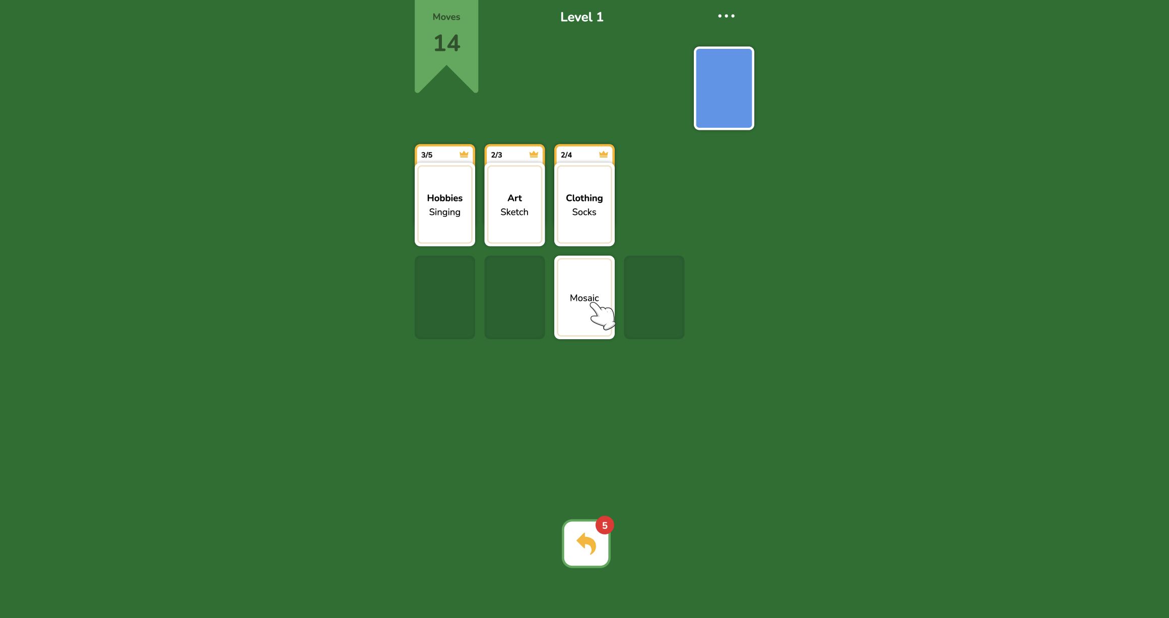 Mosaic card resting below the stacks after a rejected drop on Clothing while 14 moves remain