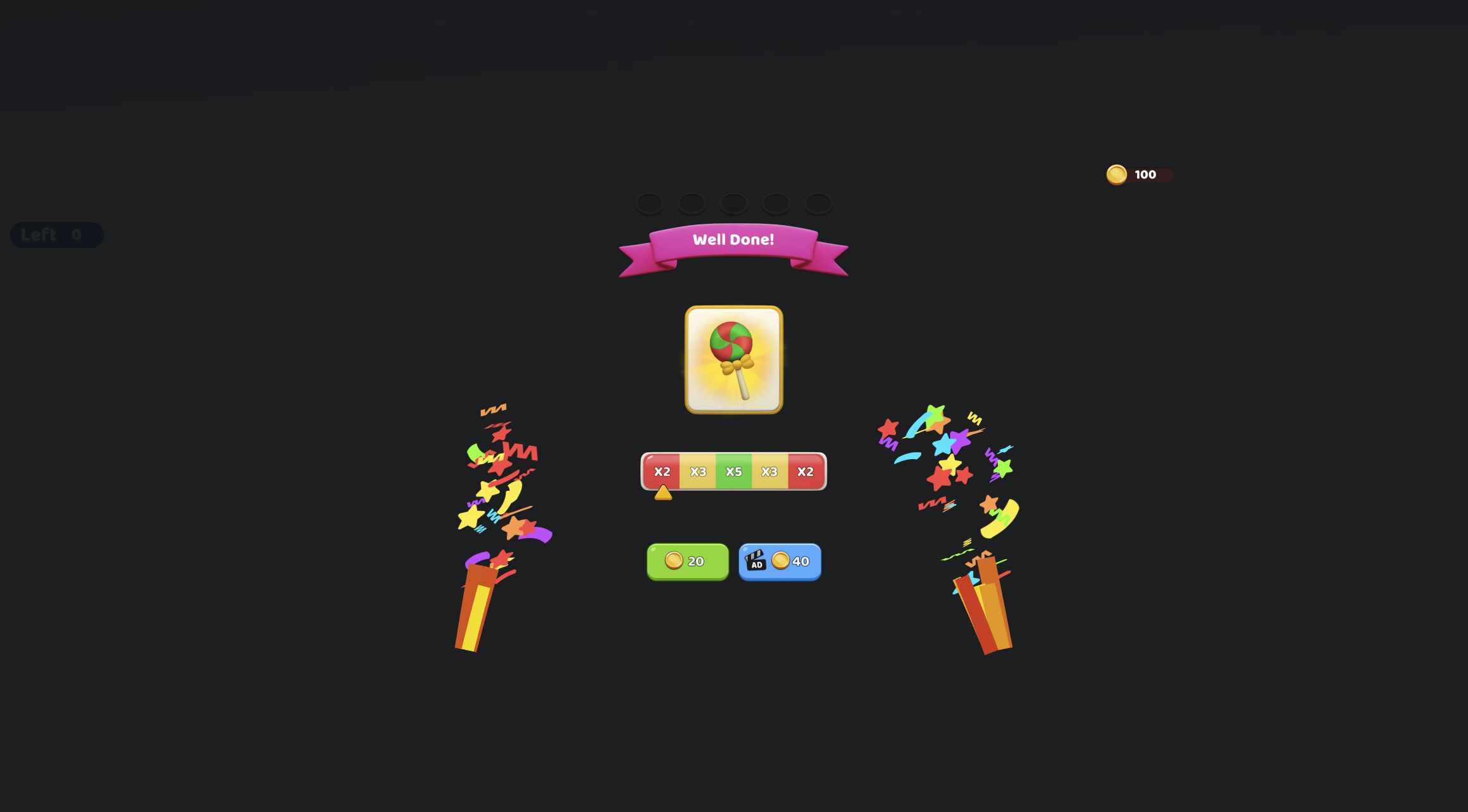 Yarn Fever Well Done screen with the cleared lollipop, multiplier strip, 20-coin button, and video reward button
