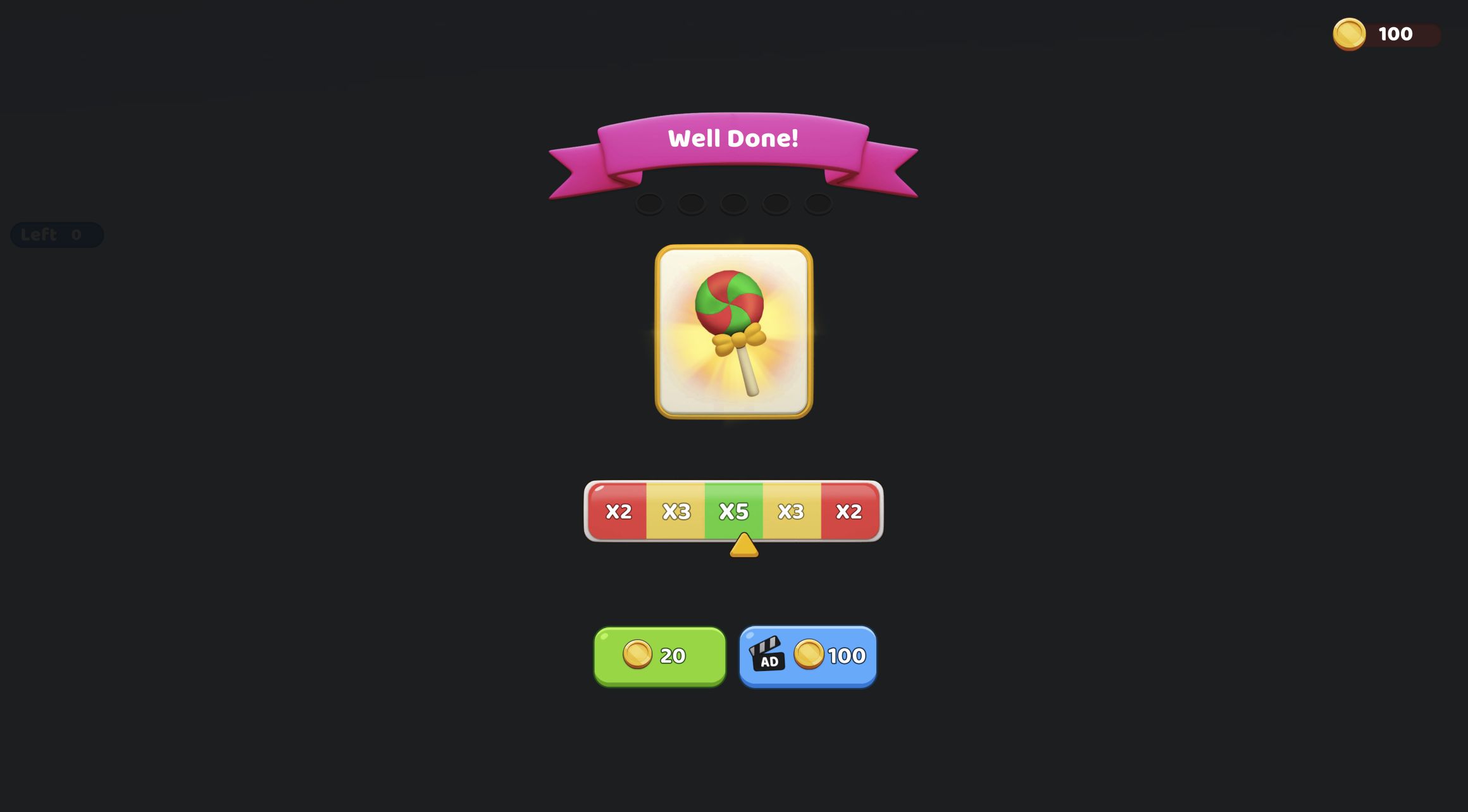 Yarn Fever reward screen with the pointer under x5, a 20-coin normal button, and a 100-coin video button