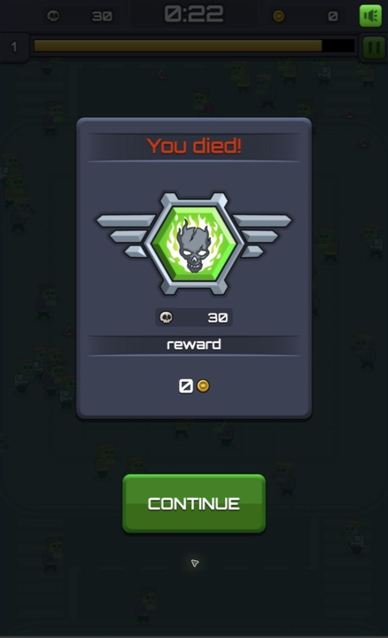 Desktop death result showing 30 kills and zero coin reward