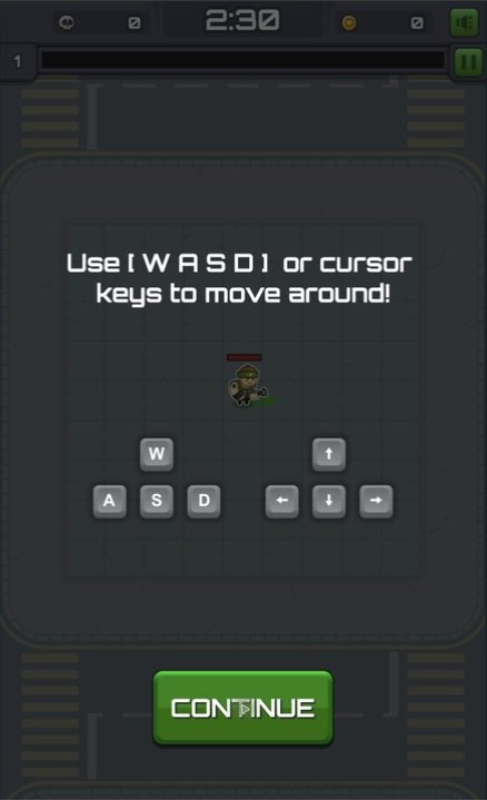 Zombie Hunter Survival tutorial showing WASD and cursor-key movement