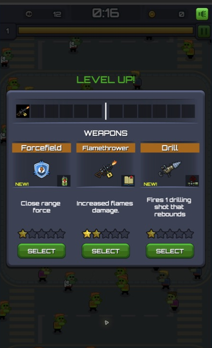 Desktop level-up choice between Forcefield, Flamethrower damage, and Drill