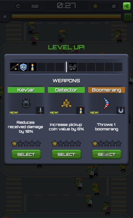 Level-up menu offering Kevlar, Detector, and Boomerang