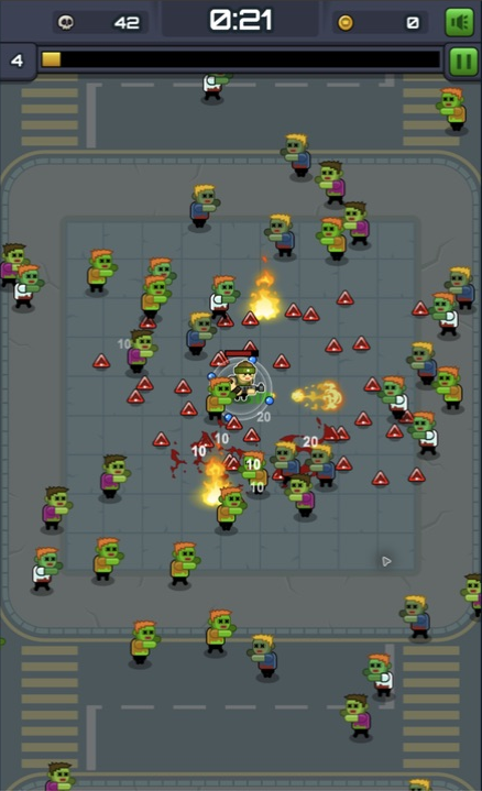 A survivor inside a dense field of experience pickups and burning Molotov areas
