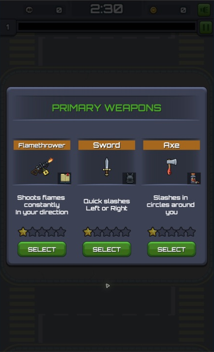 Primary weapon draft offering Flamethrower, Sword, and Axe